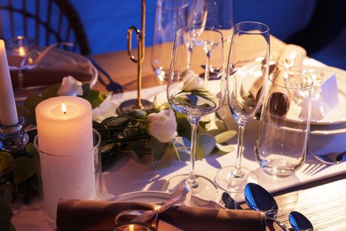 Festive table setting with beautiful tableware and decor indoors