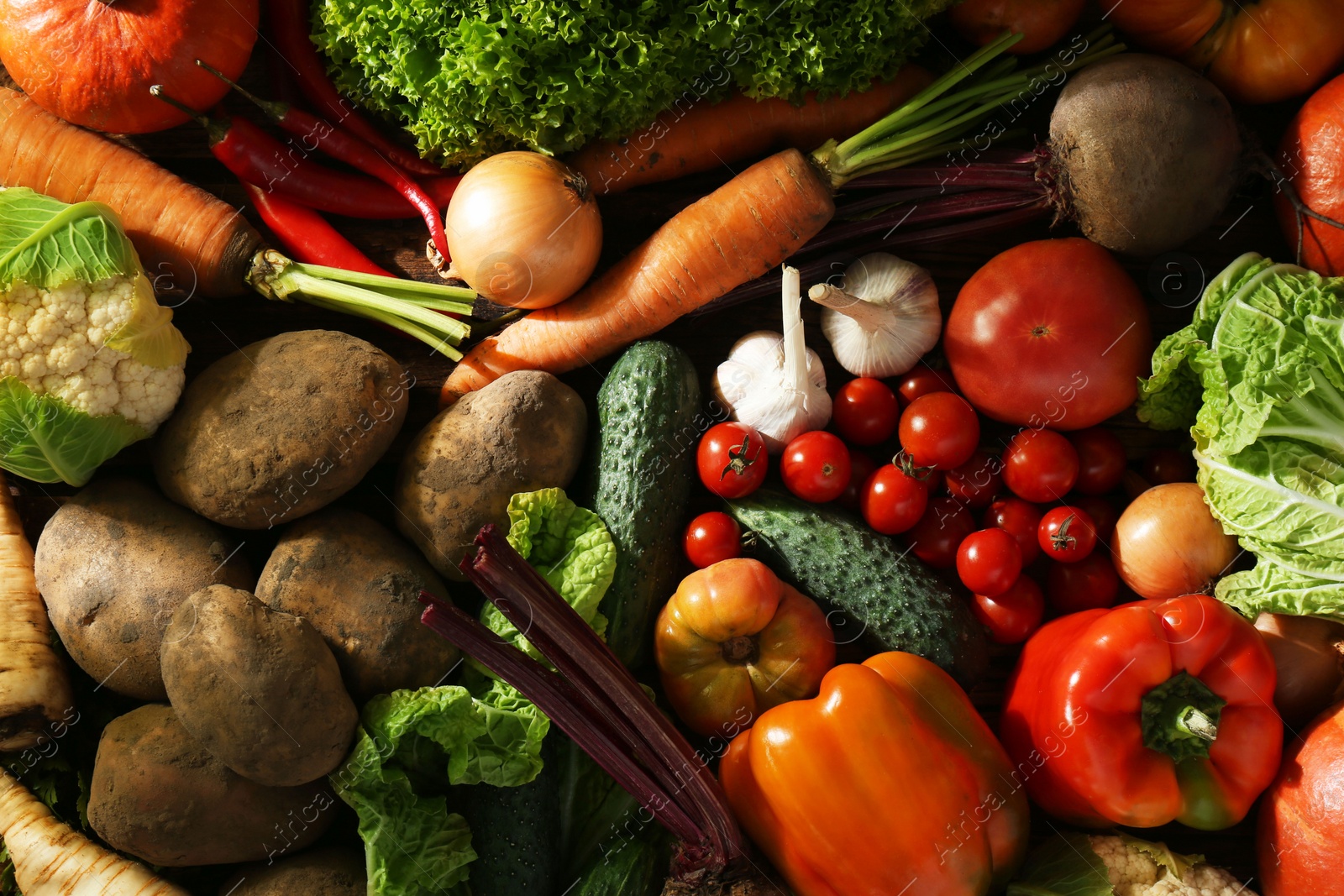 Photo of Different fresh ripe vegetables as background, top view. Farmer produce