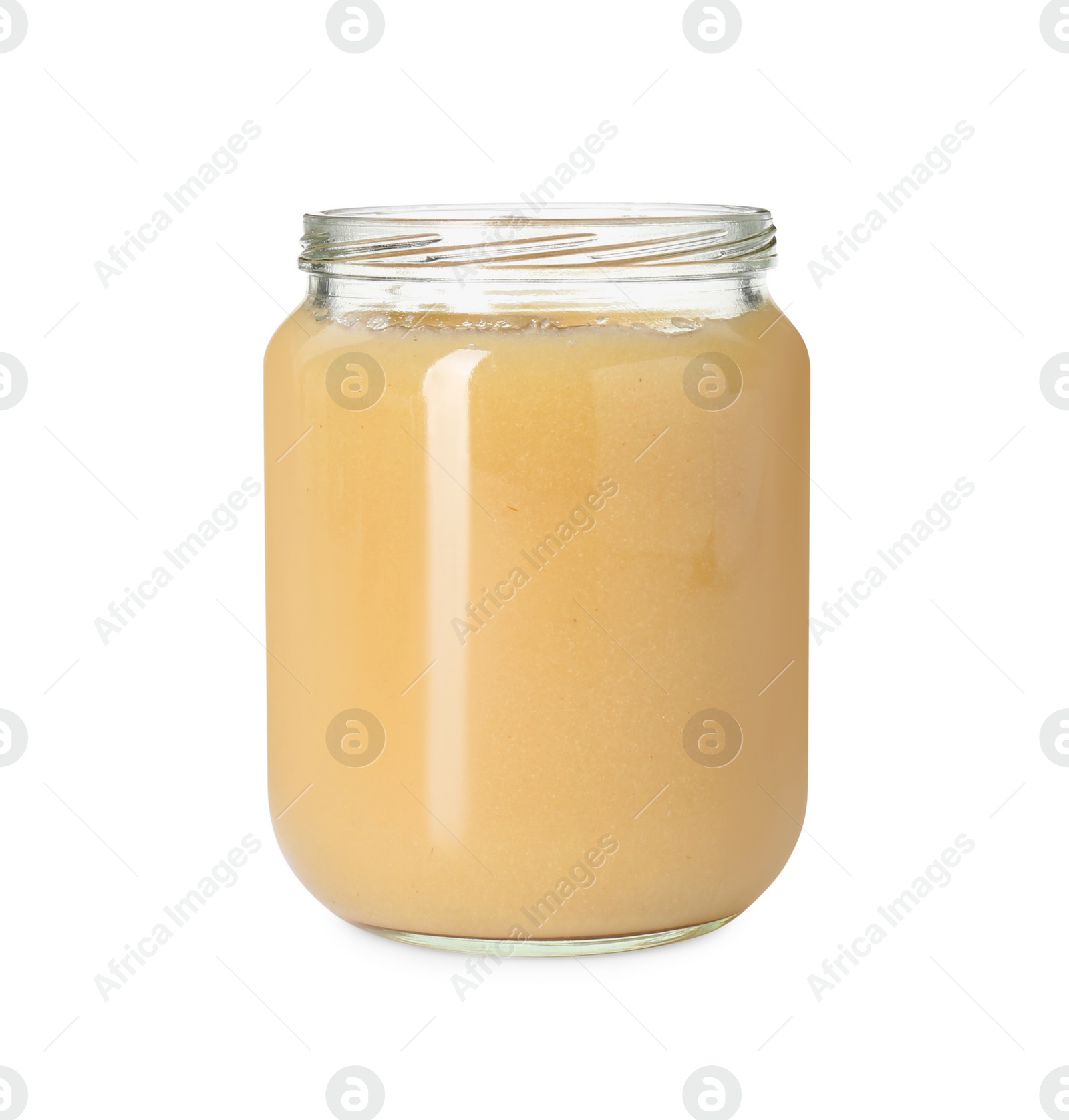 Photo of Baby food. Tasty healthy puree in jar isolated on white