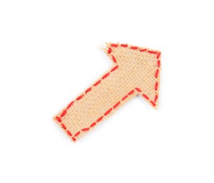 Arrow made of burlap fabric with red stitches isolated on white, top view