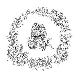 Beautiful butterfly and flowers on white background, illustration. Coloring page 