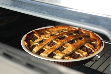 Delicious meat pie in oven, closeup view