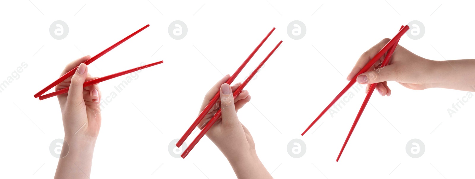 Image of Woman holding chopsticks isolated on white, closeup. Collage with photos