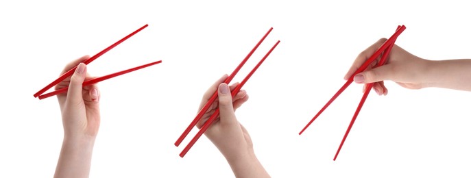 Image of Woman holding chopsticks isolated on white, closeup. Collage with photos