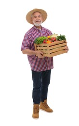 Photo of Harvesting season. Farmer holding wooden crate with vegetables on white background