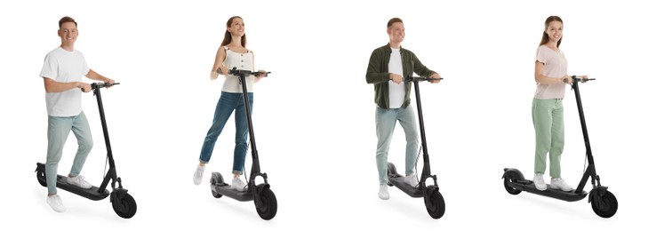 Man and woman with electric kick scooter isolated on white. Set of photos
