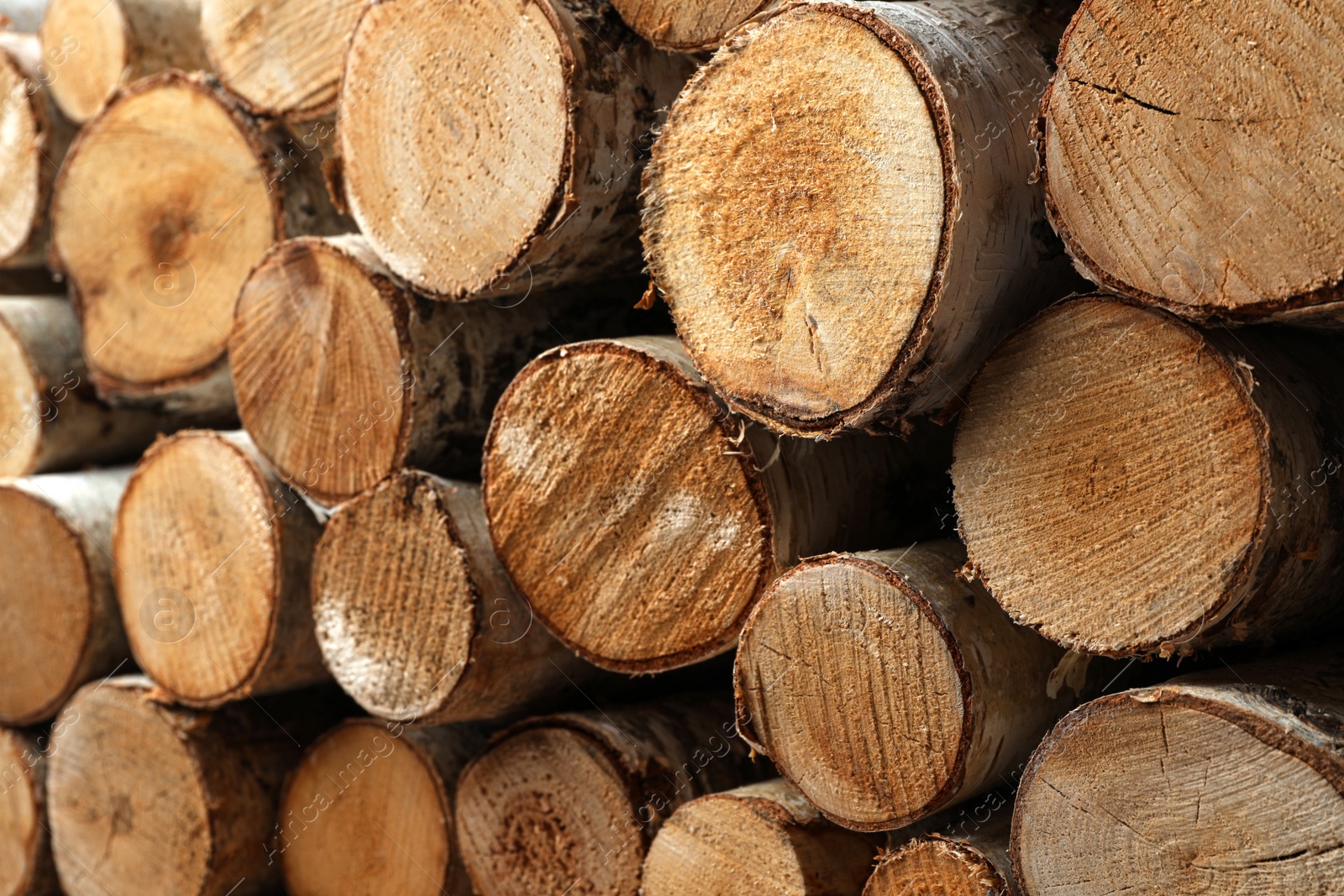 Photo of Stack of cut firewood as background, closeup view