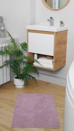 Photo of Soft bath mat and green houseplant on wooden floor in bathroom. Interior design