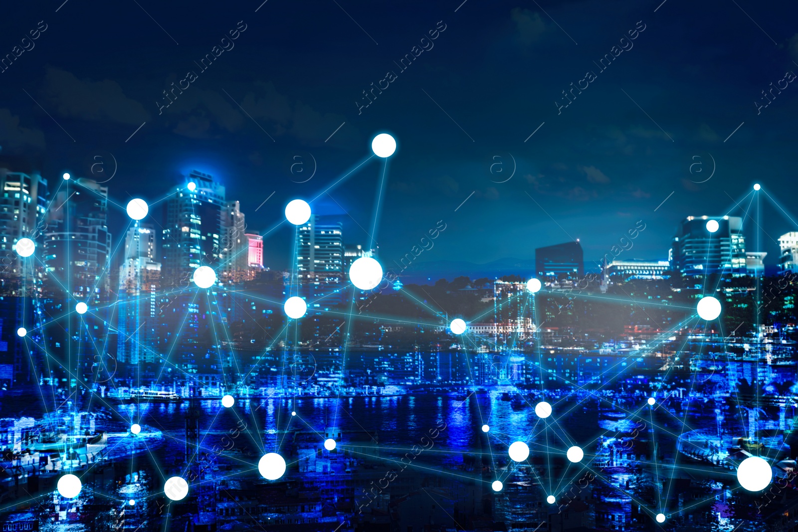 Image of Beautiful cityscape and network connection lines 