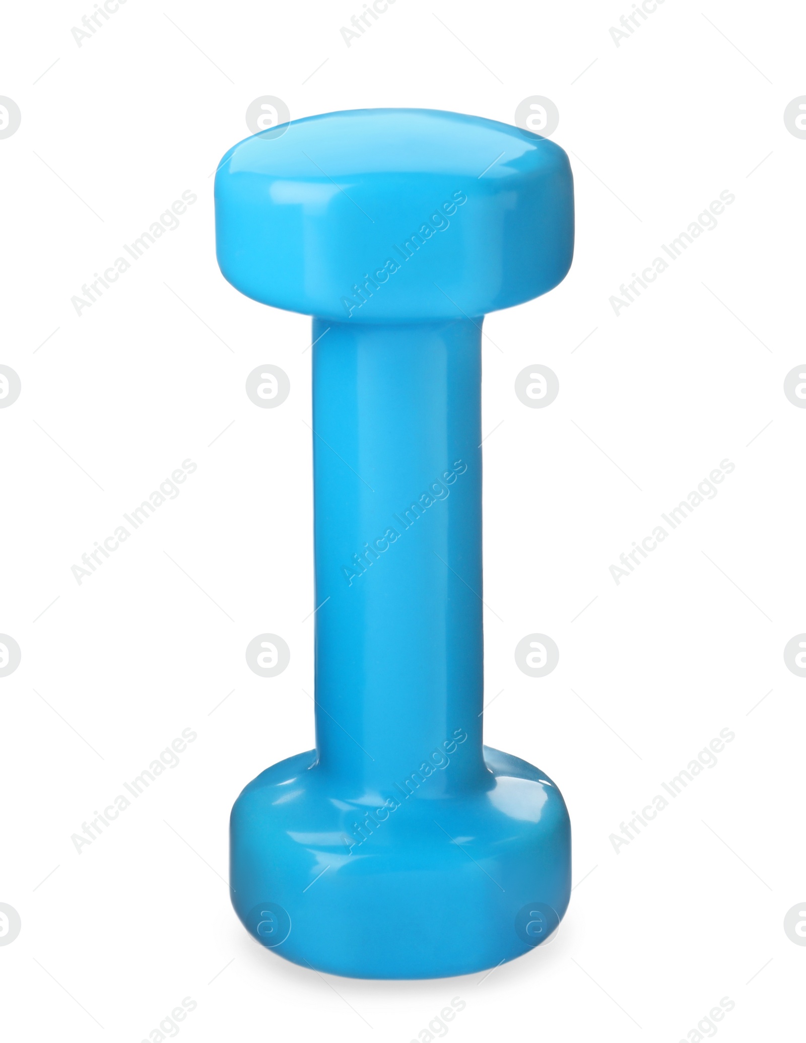 Photo of Light blue dumbbell isolated on white. Weight training equipment