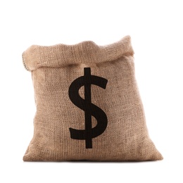 Image of Burlap bag with dollar sign on white background