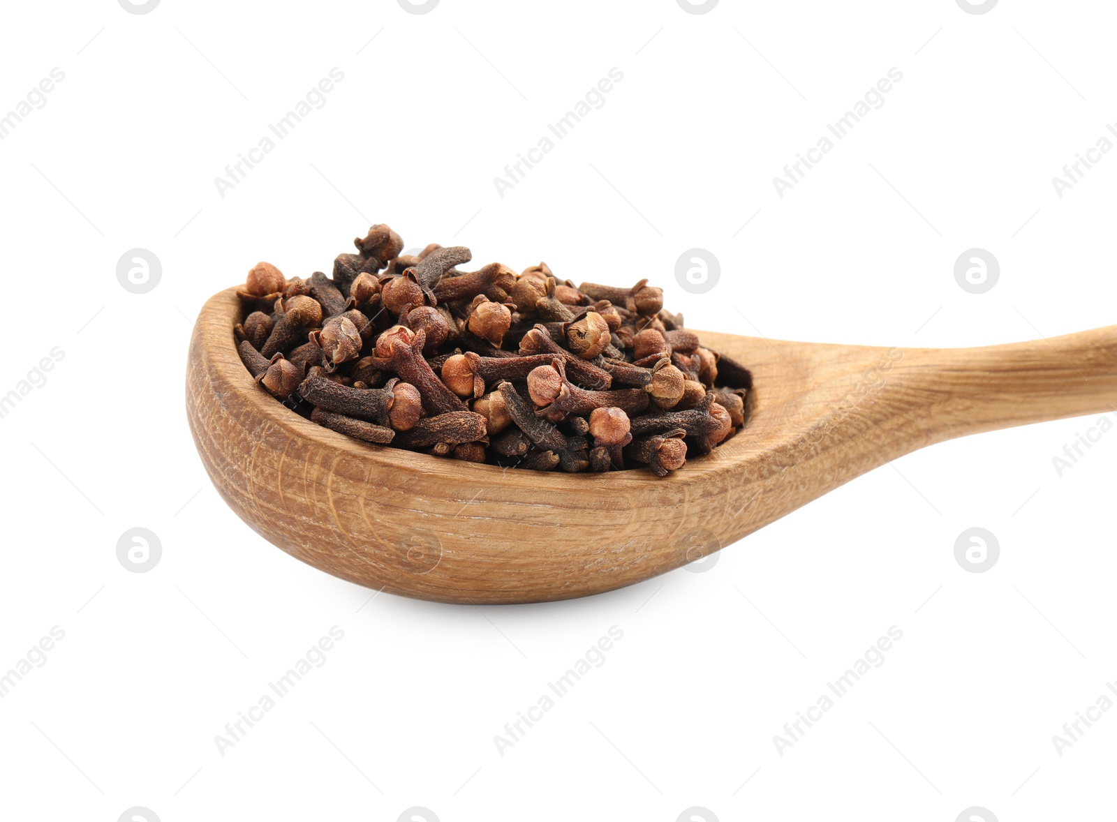 Photo of Wooden spoon with aromatic dry cloves isolated on white, closeup