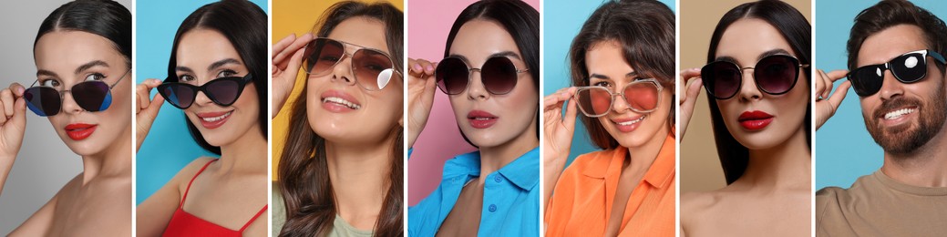 Collage with photos of people with stylish sunglasses on different color backgrounds. Banner design