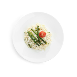 Photo of Delicious risotto with asparagus and tomato isolated on white, top view