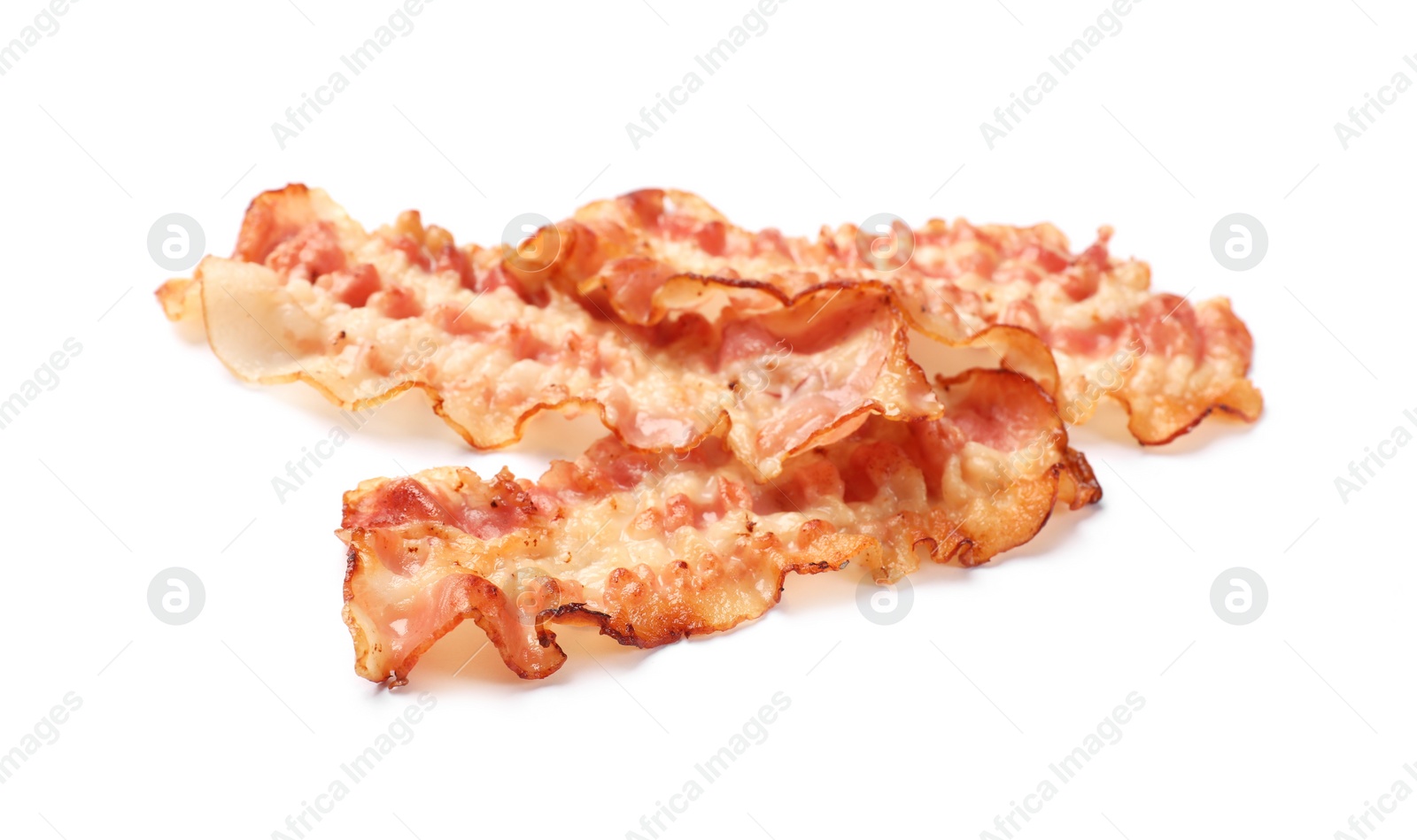 Photo of Delicious fried bacon slices isolated on white