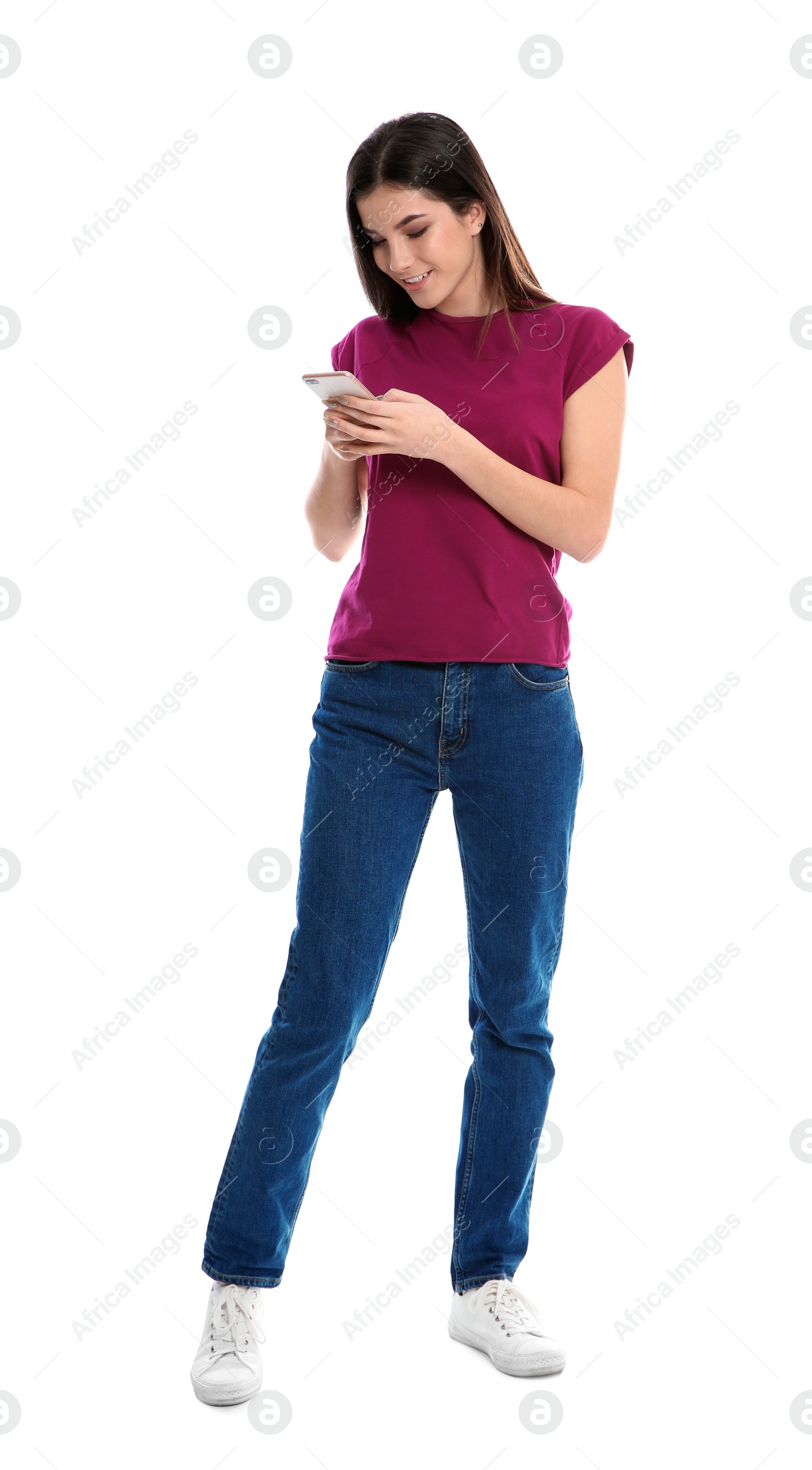 Photo of Beautiful young woman with mobile phone on white background