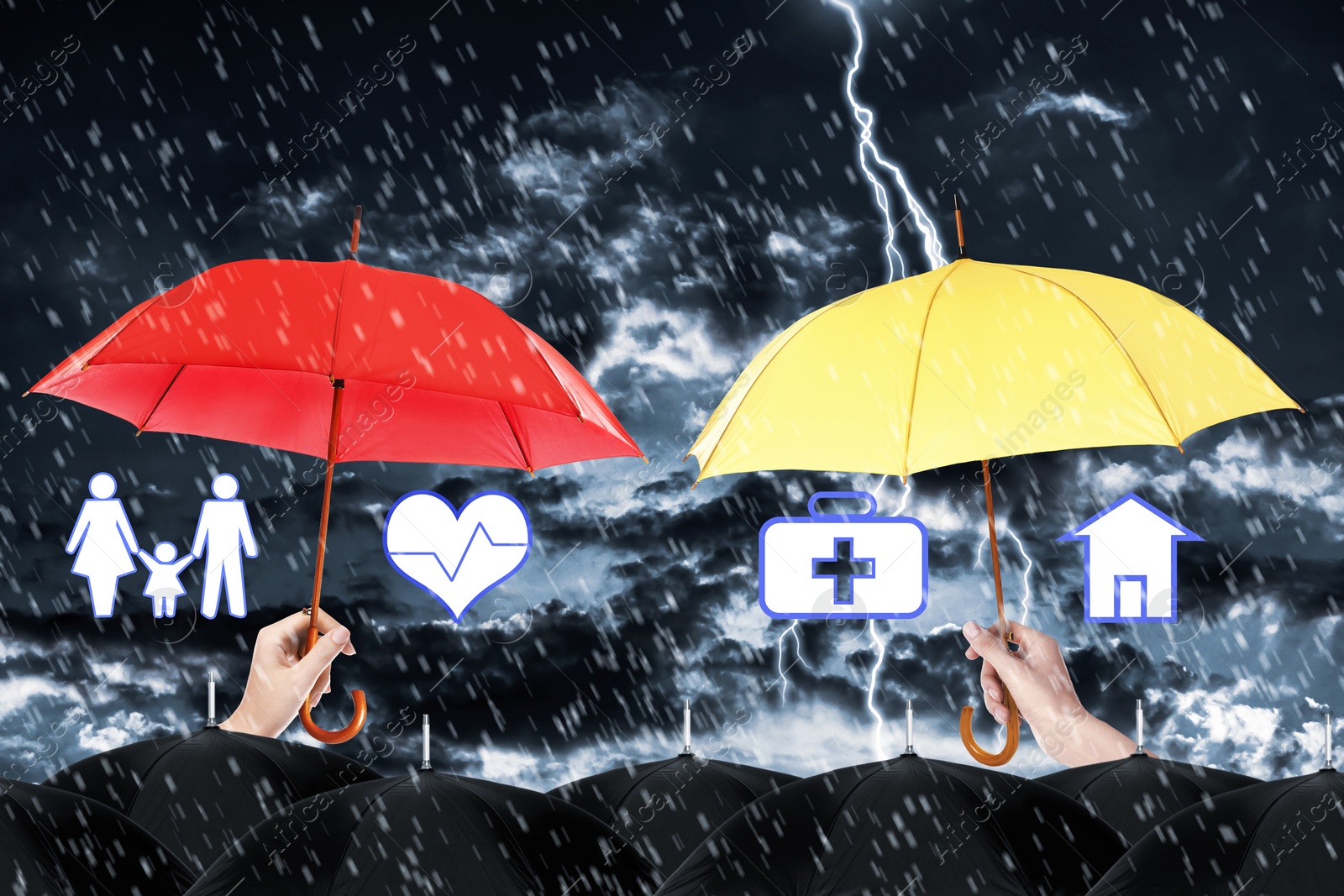 Image of Insurance agents covering illustrations with umbrellas during storm