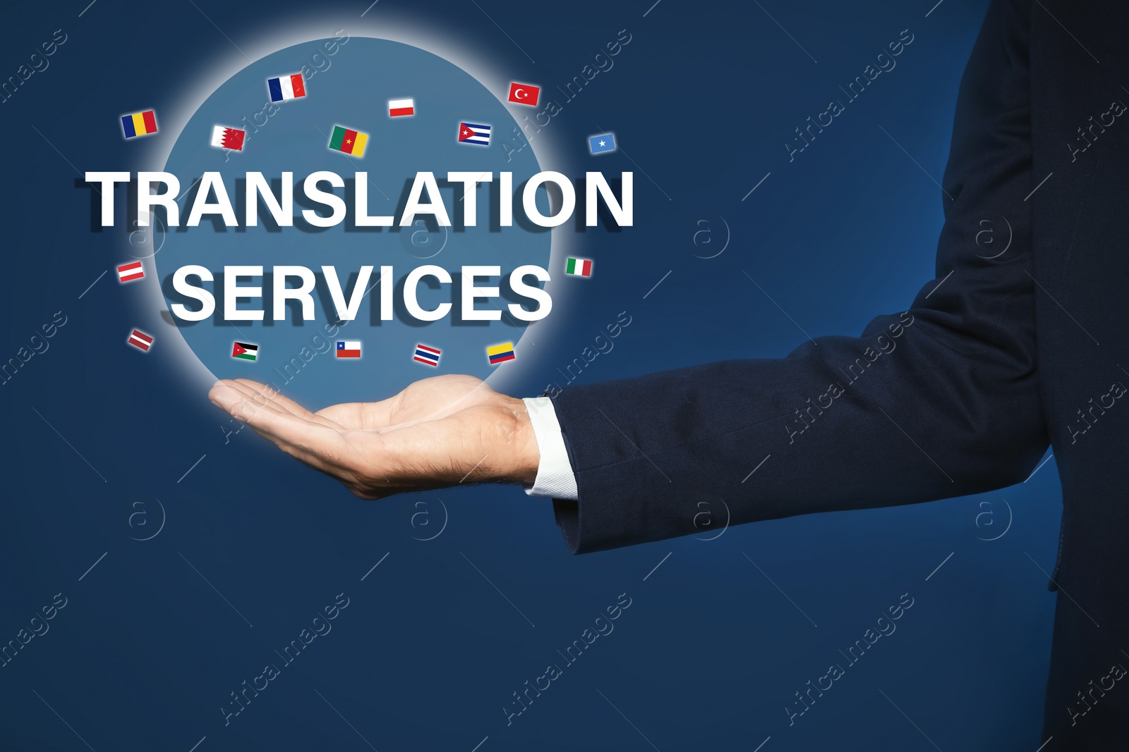 Image of Translation Services. Man demonstration virtual icon with text and flags on blue background, closeup