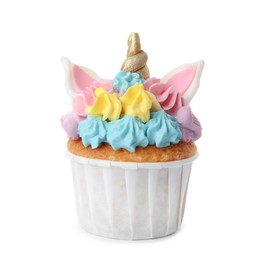 Photo of Cute sweet unicorn cupcakes isolated on white