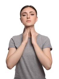 Young woman with sore throat on white background