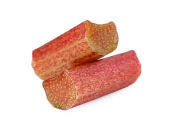 Photo of Pieces of ripe rhubarb isolated on white