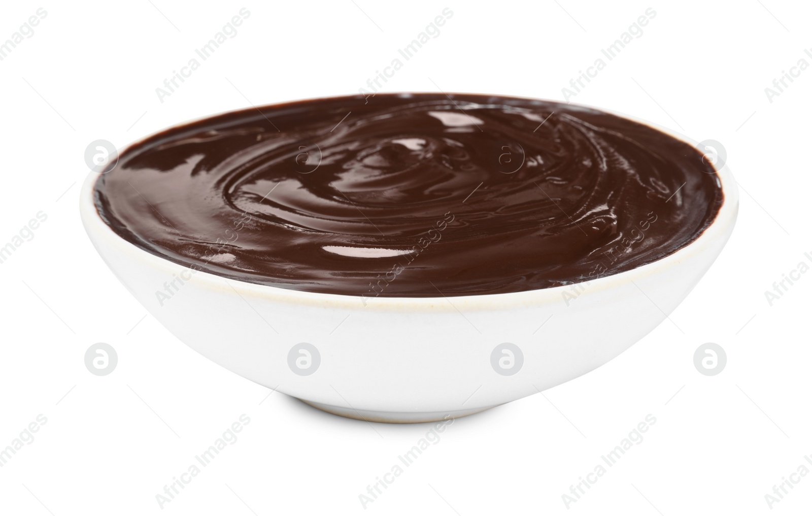 Photo of Delicious chocolate cream in bowl on white background