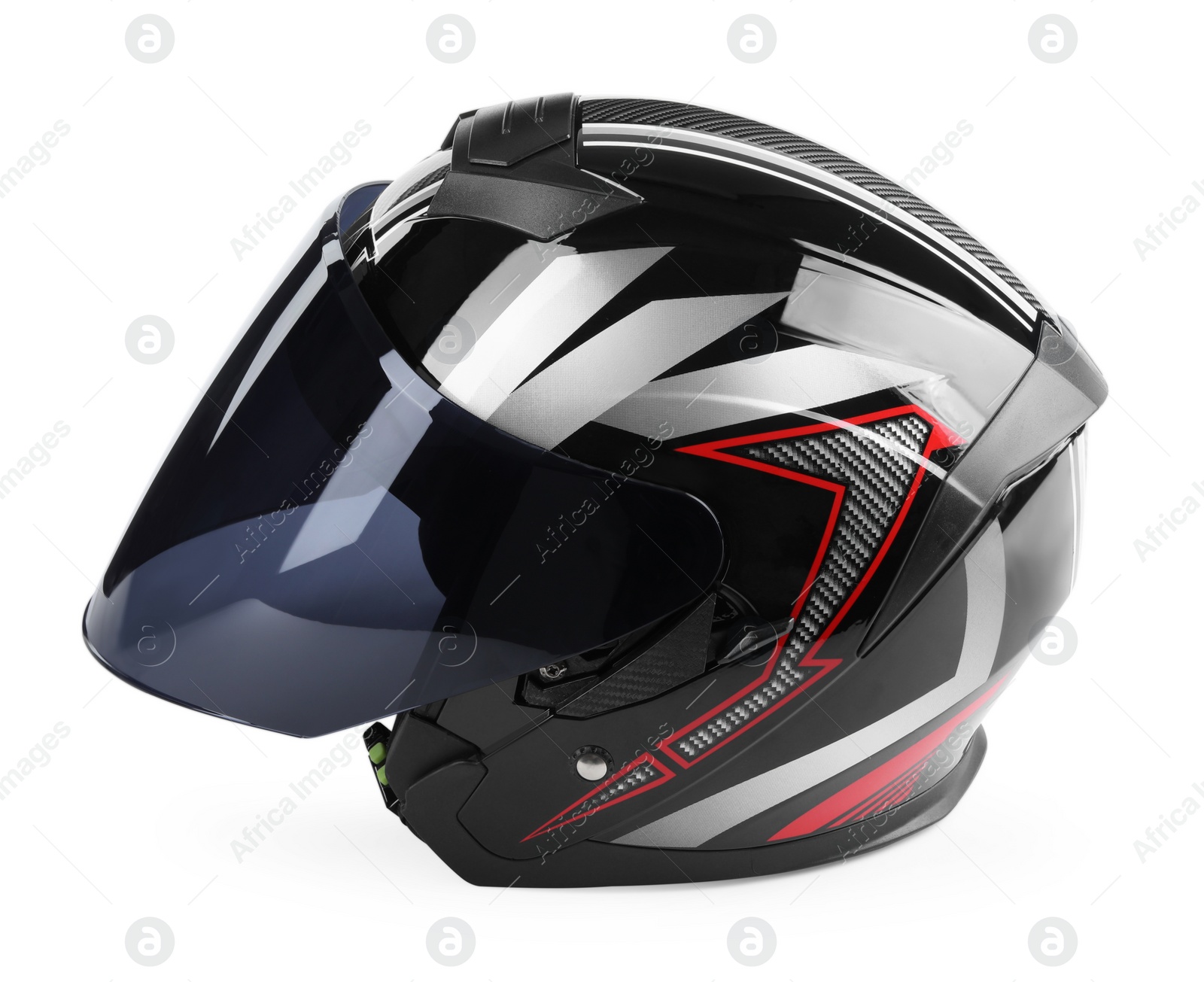 Photo of Modern motorcycle helmet with visor isolated on white