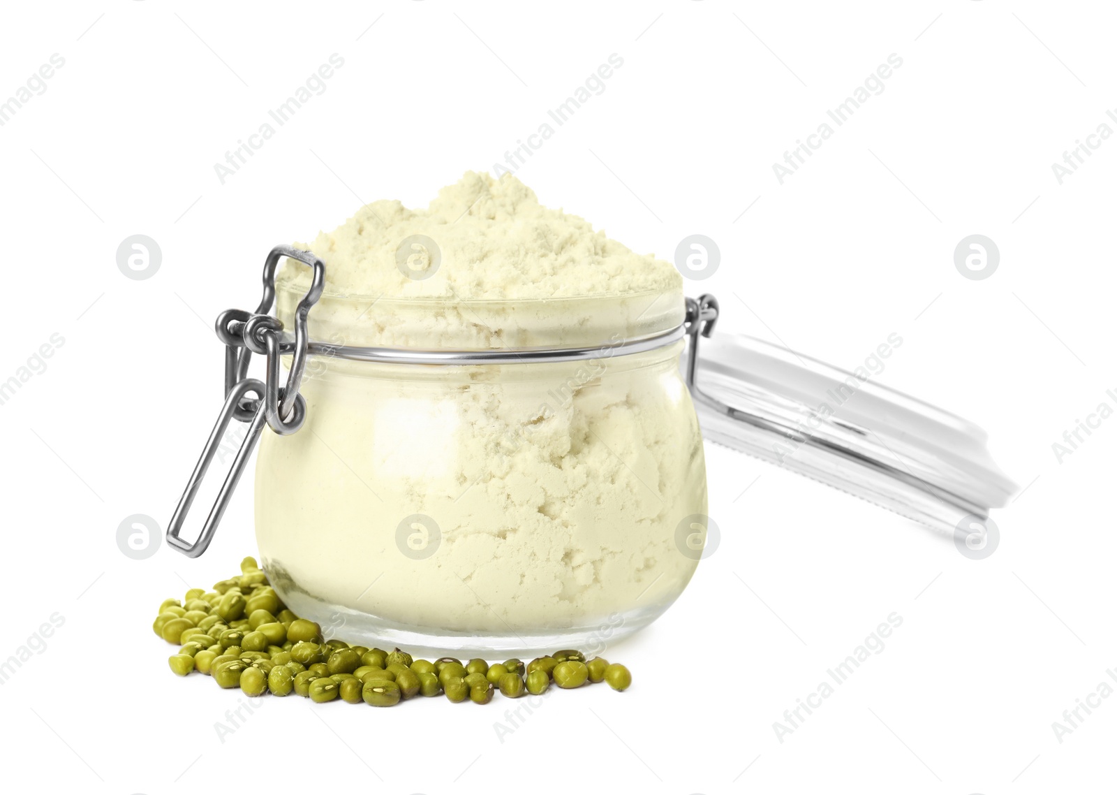 Photo of Mung bean flour in glass jar and seeds isolated on white