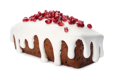 Photo of Traditional classic Christmas cake decorated with pomegranate seeds isolated on white