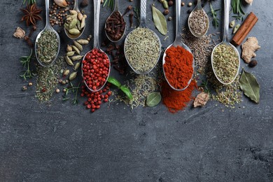 Photo of Flat lay composition with different natural spices and herbs on black table, space for text