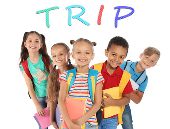 Image of Group of little children with backpacks and school supplies on white background. Summer trip