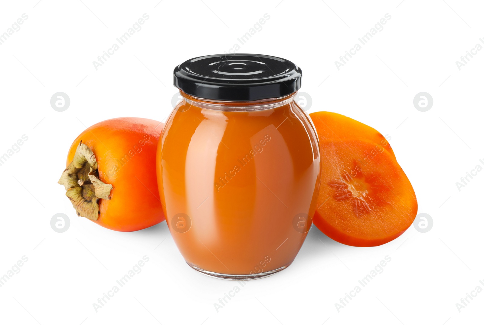 Photo of Delicious persimmon jam and fresh fruits isolated on white