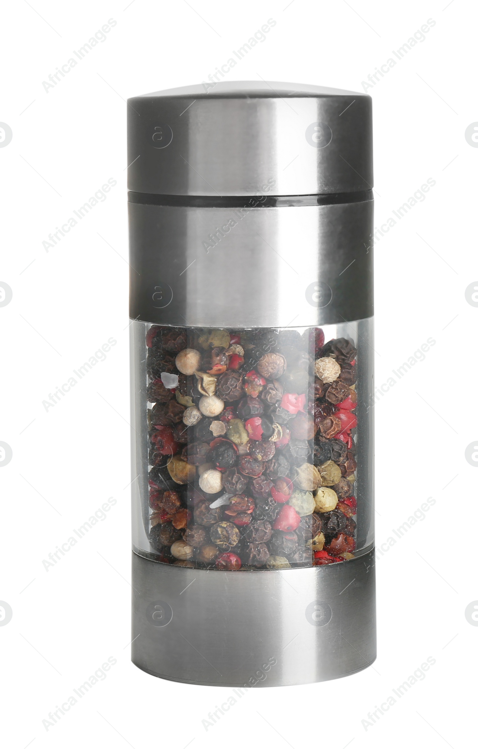 Photo of Grinder with peppercorn mix isolated on white