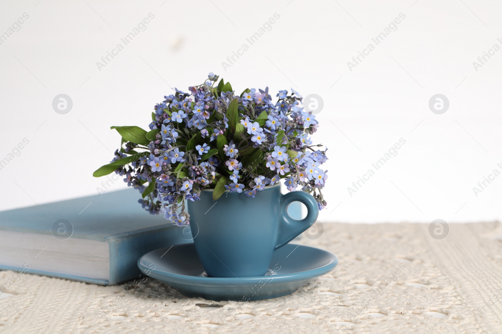 Photo of Beautiful forget-me-not flowers in cup, book and crochet tablecloth on table against white background, closeup