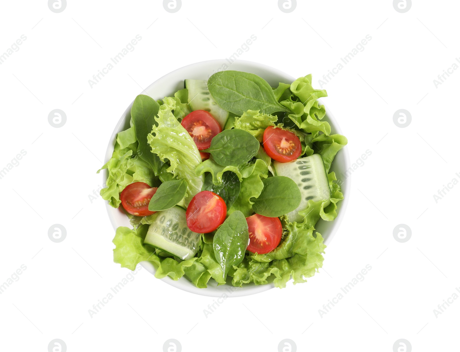 Photo of Delicious vegetable salad isolated on white, top view