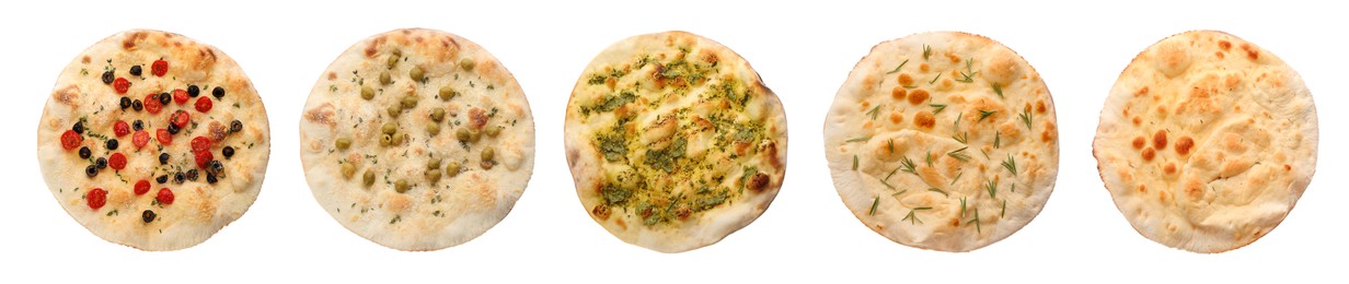Image of Set with different traditional Italian focaccia on white background, top view. Banner design 