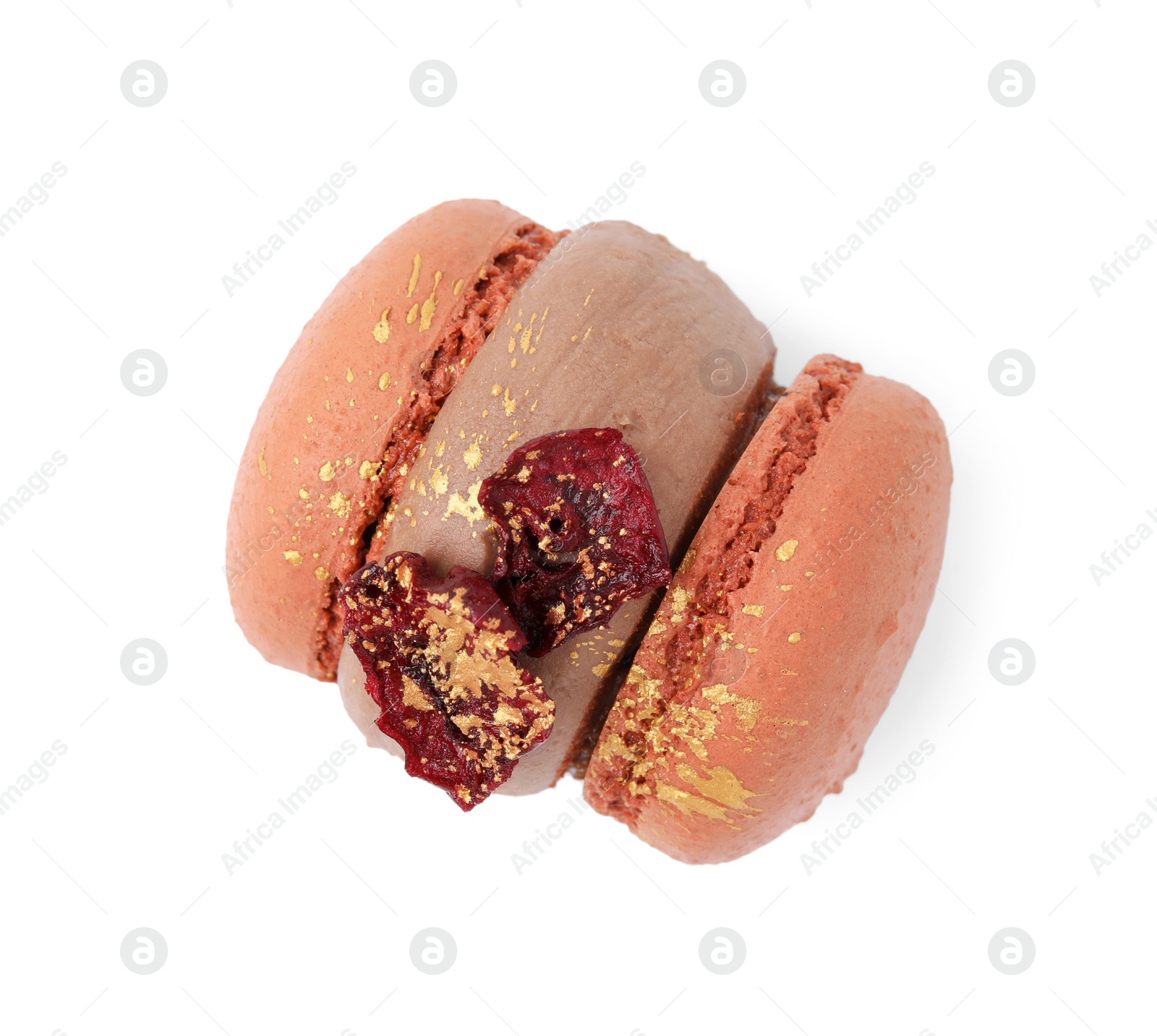 Photo of One delicious sweet macaron isolated on white, top view