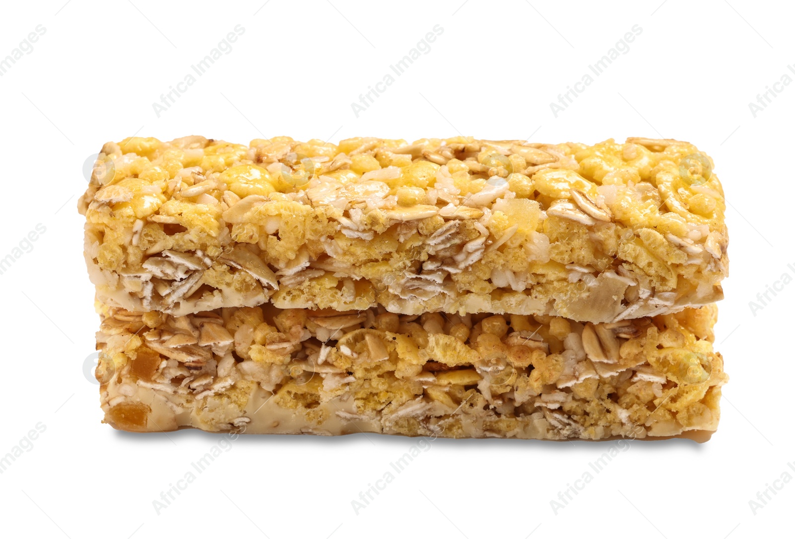 Photo of Two tasty granola bars isolated on white