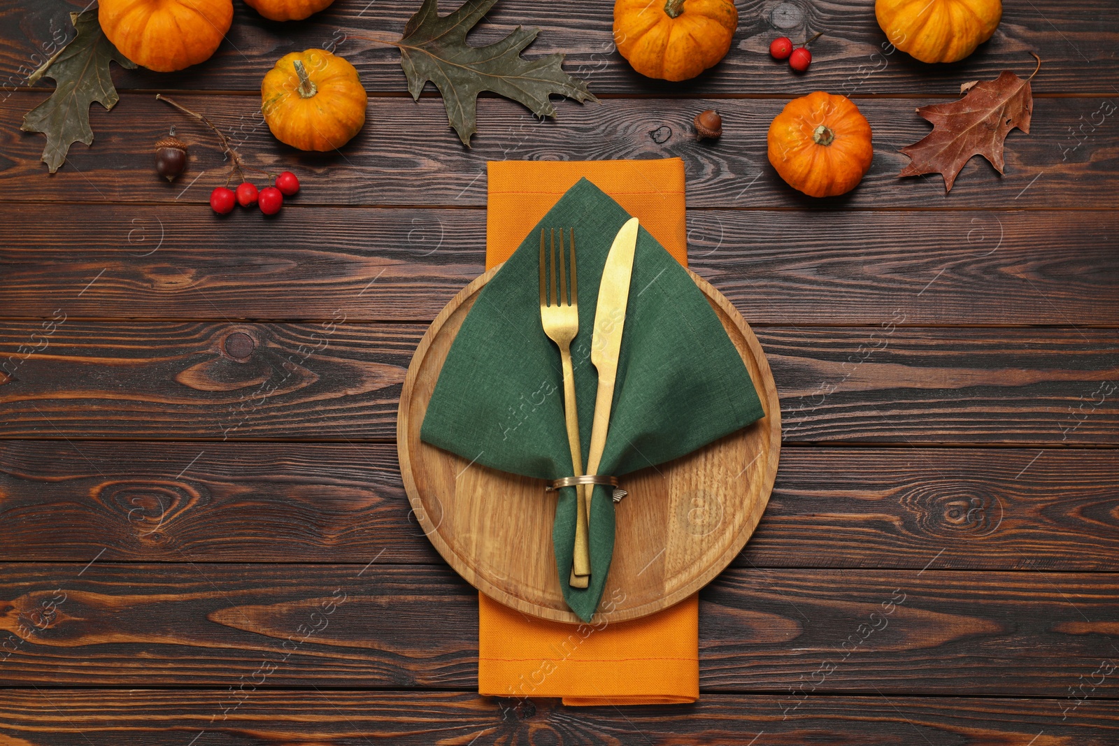 Photo of Autumn table setting, pumpkins and dry leaves, flat lay