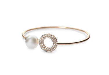 Photo of Elegant golden bracelet with pearl isolated on white