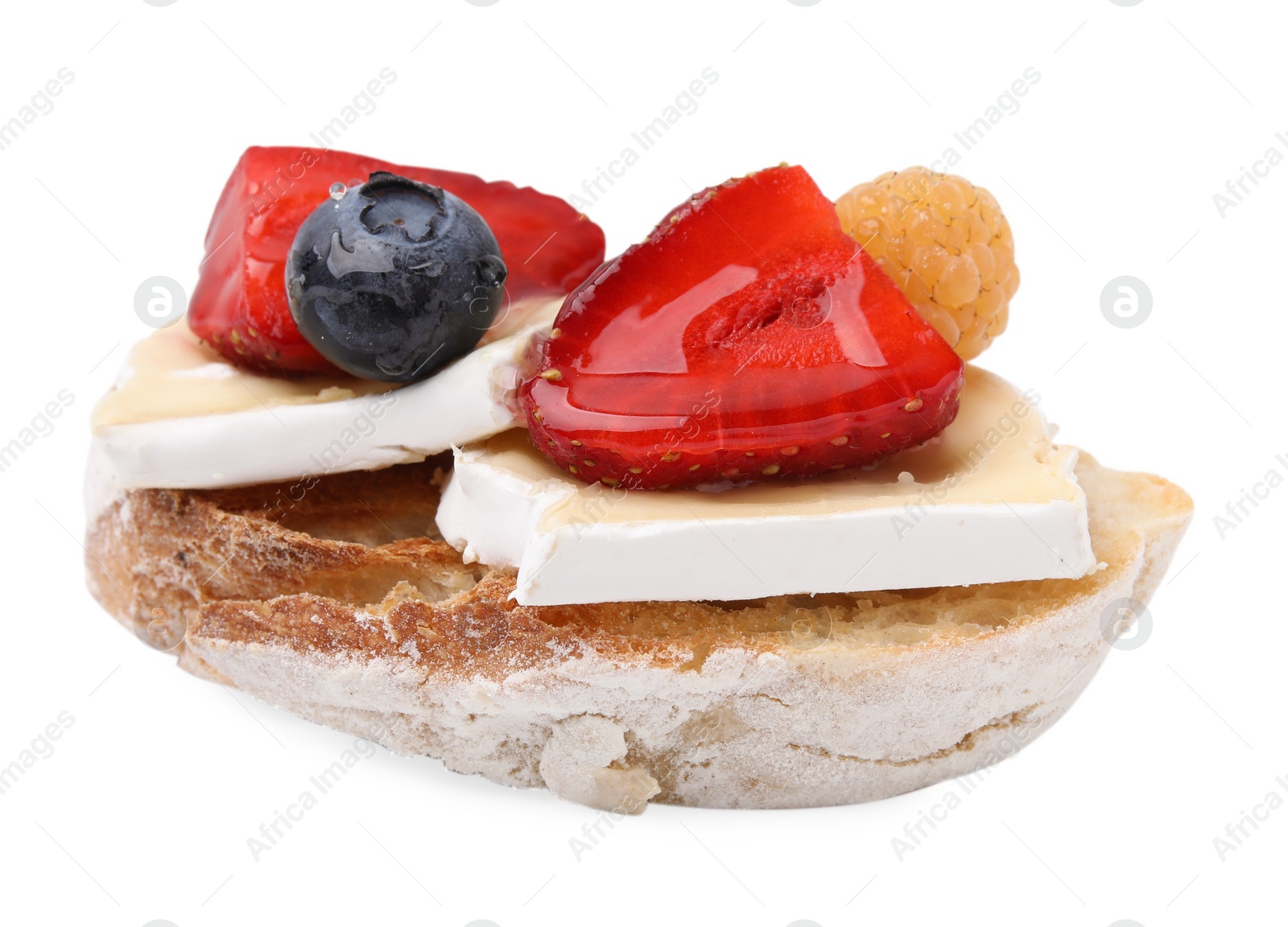 Photo of Tasty sandwich with brie cheese and fresh berries isolated on white