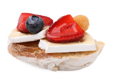 Photo of Tasty sandwich with brie cheese and fresh berries isolated on white