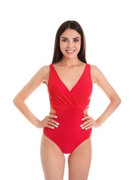 Photo of Portrait of attractive young woman with slim body in swimwear on white background