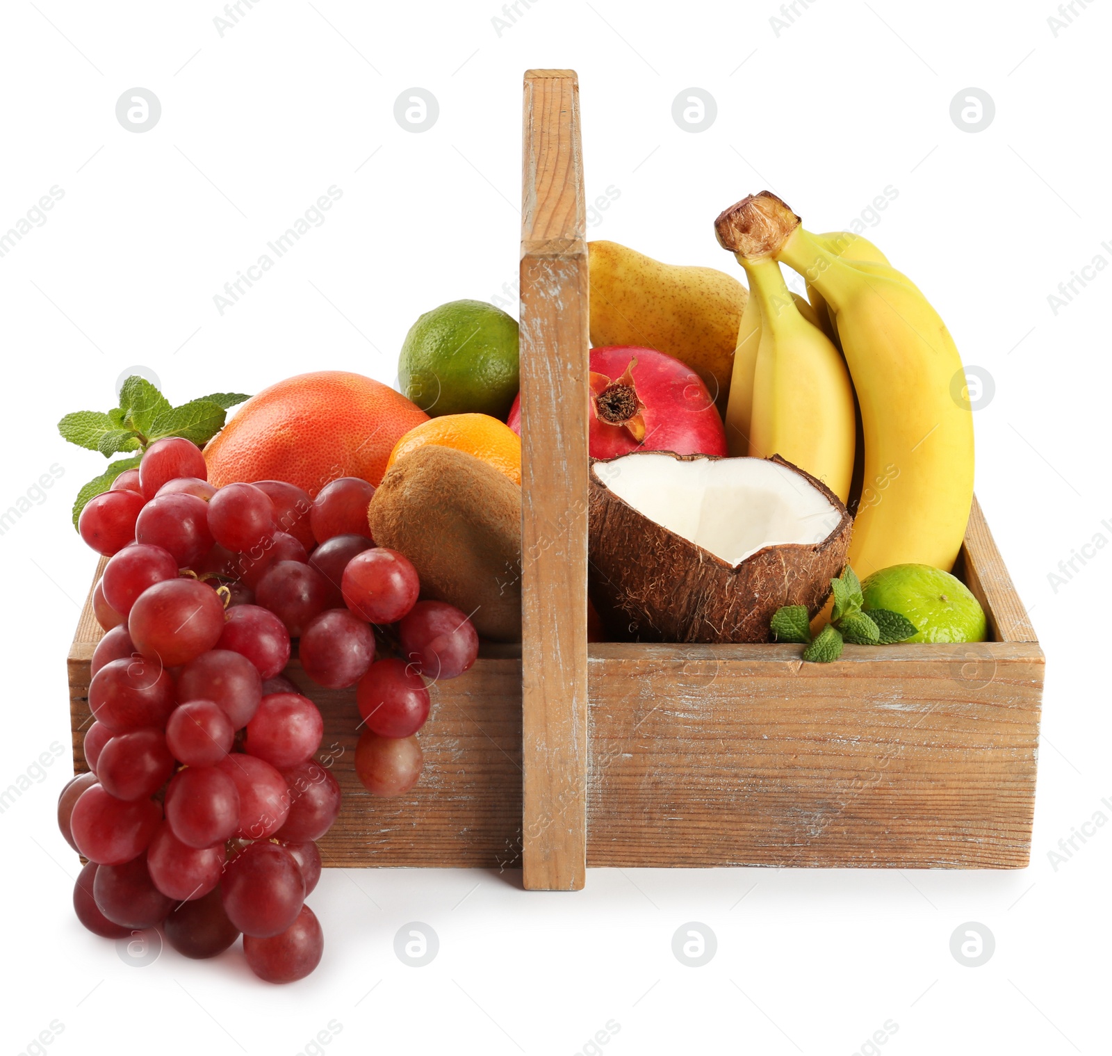 Photo of Wooden crate with different ripe fruits on white background
