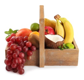 Wooden crate with different ripe fruits on white background