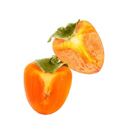 Photo of Delicious cut fresh persimmon isolated on white, top view