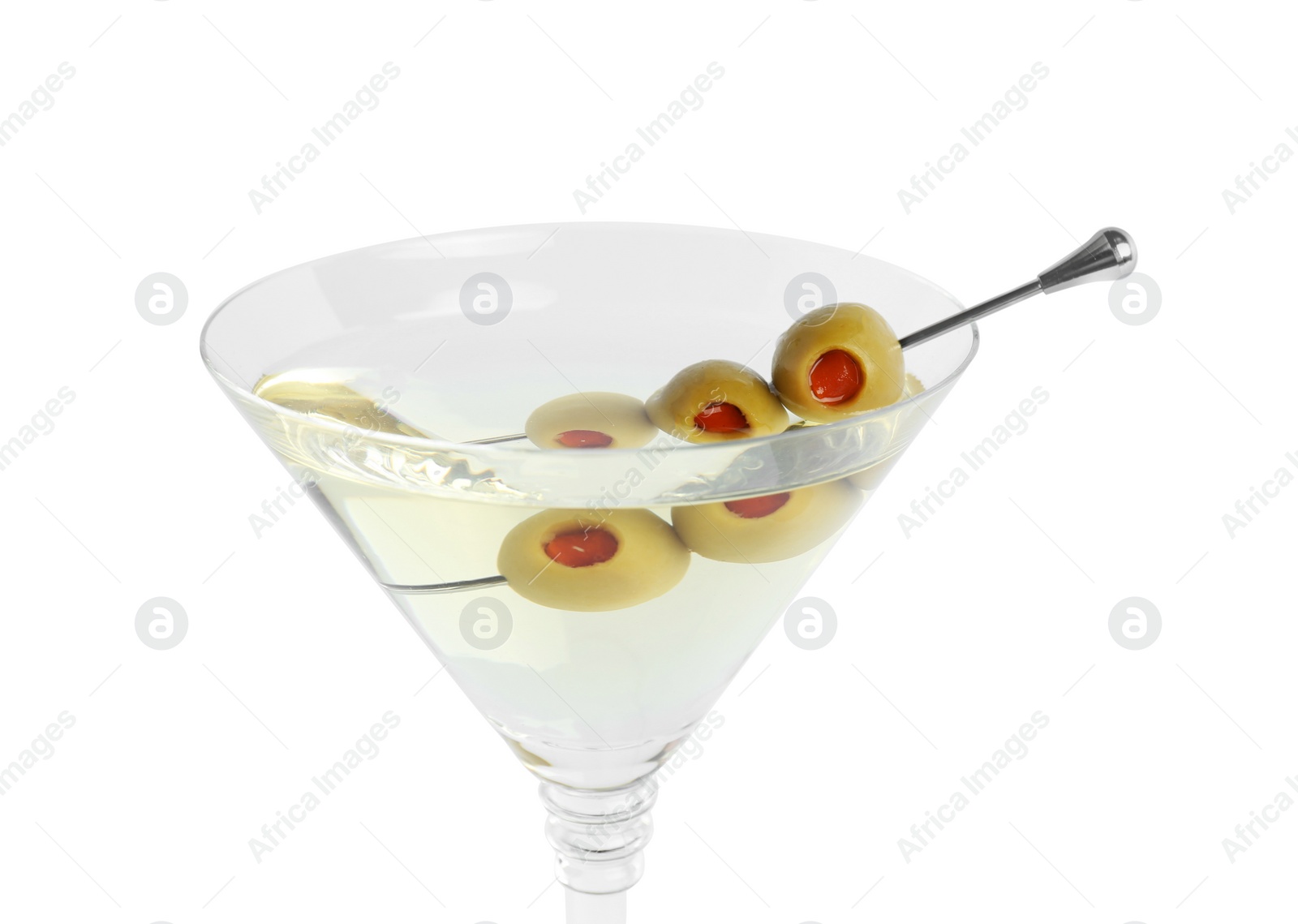 Photo of Martini cocktail with olives on white background