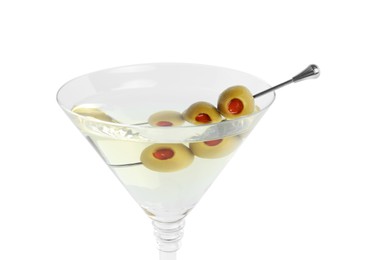 Martini cocktail with olives on white background