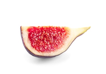 Slice of ripe purple fig on white background