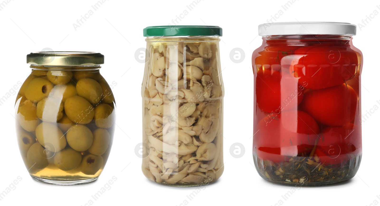 Image of Set of jars with pickled tomatoes, olives and mushrooms on white background. Banner design